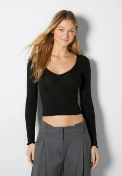 BERSHKA GATHERED V-NECK - Langarmshirt - Black