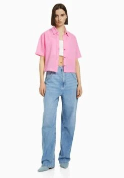 BERSHKA SHORT SLEEVE TEXTURED - Hemdbluse - Light Pink