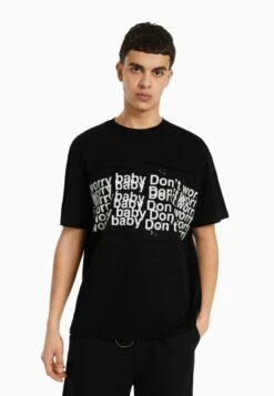 BERSHKA SHORT SLEEVE BOXY - T-Shirt Print - Black
