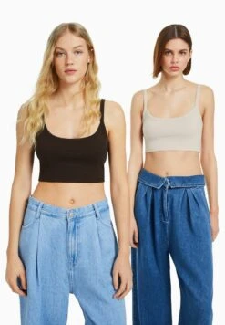 BERSHKA 2-PACK -CROPPED WITH WIDE STRAPS - Top - Offwhite/black