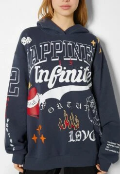 BERSHKA PRINTED - Kapuzenpullover - Dark Blue -Bershka Verkaufsgeschäft d17c37023da54c7692d47edaba2edd5d