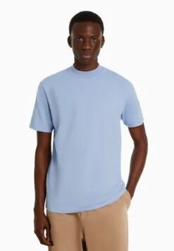 BERSHKA SHORT SLEEVE MOCK NECK - T-Shirt Basic - Dark Blue