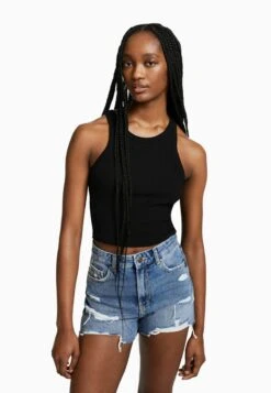 BERSHKA RIPPED WITH POCKETS - Jeans Shorts - Dark Blue