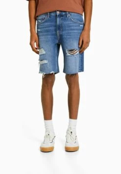 BERSHKA RIPPED - Jeans Shorts - Dark Blue