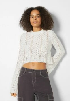 BERSHKA OPEN ROUND NECK - Strickpullover - Beige