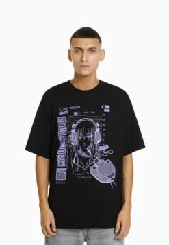 BERSHKA SHORT SLEEVE BOXY 90S ANIME - T-Shirt Print - Black