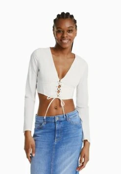 BERSHKA FITTED POPLIN LACE-UP WITH LONG SLEEVES - CORSET - Bluse - Off White