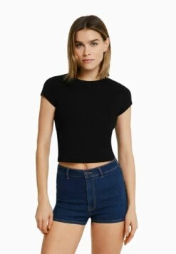 BERSHKA HIGH WAIST STRETCH - Jeans Shorts - Dark Blue