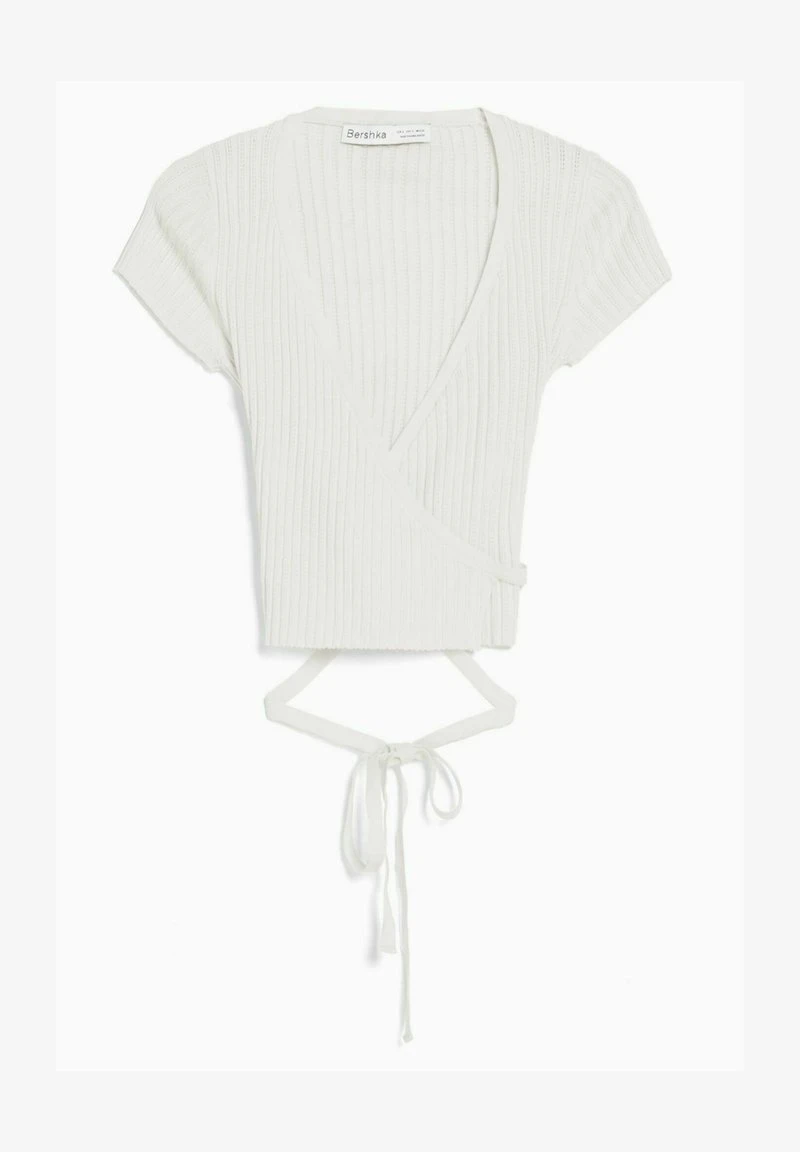 BERSHKA SHORT SLEEVE CROSSOVER WITH BOW - Strickjacke - Beige 8 BERSHKA SHORT SLEEVE CROSSOVER WITH BOW - Strickjacke - Beige – Bild 6