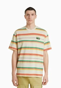 BERSHKA STRIPED SHORT SLEEVE BOXY - T-Shirt Print - Camel
