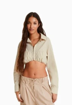 BERSHKA LONG SLEEVE AND GATHERED DETAIL AT THE FRONT WITH STOPPER - Bluse - Stone